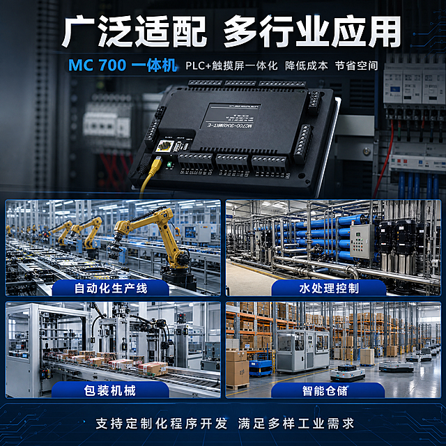 [主图-4] 应用场景与行业适配，主题为MC700一体机的多行业应用场景展示，体现产品广泛的工业适用性。
[统一基调] 工业科技风，深灰蓝渐变背景配科技网格光效，主标题用白色粗黑体，强调色用科技蓝，辅助文字用浅灰色，整体高信息密度满版构图，专业硬核工业感。
[画面] 画面采用上下结构，上方为大标题区和产品主图，产品斜放在工业控制柜场景中，背景是模糊的电气柜内部环境，产品占上方区域约40%；下方为4宫格场景图，分别展示自动化生产线、水处理设备、包装机械、智能仓储四个应用场景，每个场景图下方配简短标签。整体呈现工业自动化控制的专业氛围。
[光影质感] 产品融入工业柜场景，光线模拟工厂照明，产品表面有环境光反射，场景图有真实工业现场质感，整体色调统一偏冷。
[配色] 背景深灰蓝，场景图保持真实工业色调，标签用深蓝底白字，标题白色，强调色科技蓝。
[文字版式] 上方大标题"广泛适配 多行业应用"；副标题"PLC+触摸屏一体化 降低成本 节省空间"；下方四宫格标签分别为"自动化生产线""水处理控制""包装机械""智能仓储"；底部通栏小字"支持定制化程序开发 满足多样工业需求"。文字横排，统一无衬线字体。
[输出要求] 1:1正方形比例，场景真实不违和，产品融入自然，文字清晰；负向：变形、错字、模糊、场景虚假、水印、平台Logo、人物面部。