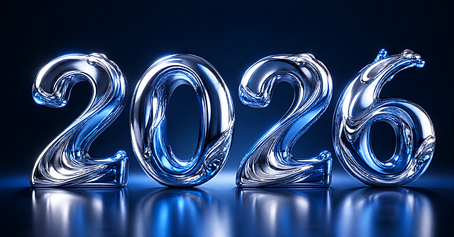 一组以蓝色和银色为主色调的立体文字，文字内容为"2026"，文字具有金属光泽，并带有流动效果，仿佛液体在表面流淌，形成了独特的视觉冲击力，背景简洁，突出了文字的立体感和质感，整体设计现代且富有创意，高质量，最佳质量