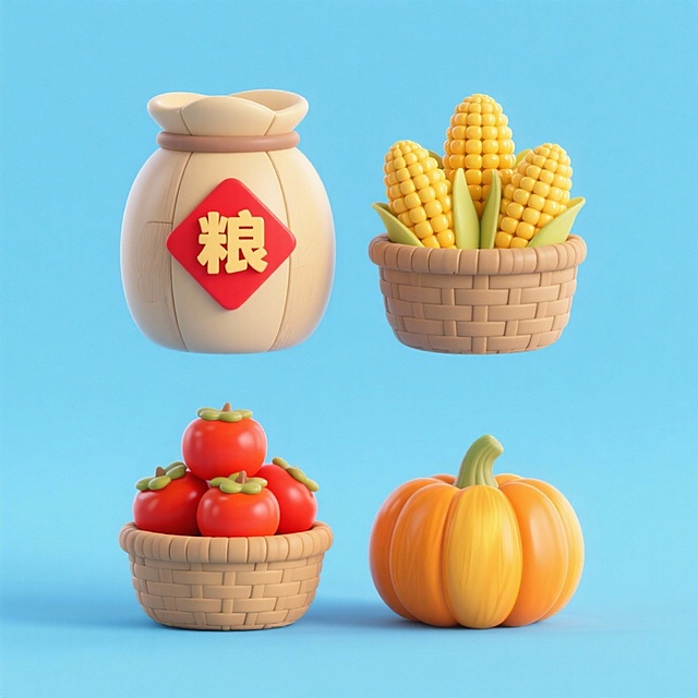 4个中秋素材组合，可爱电商促销感。素材包括：第一个粮仓（贴着带有 “粮” 字的红色菱形福字）；第二个一筐玉米；第三个一筐柿子；第四个南瓜。画面整体呈现鲜艳效果，淡蓝色背景。上下两行，排列整齐