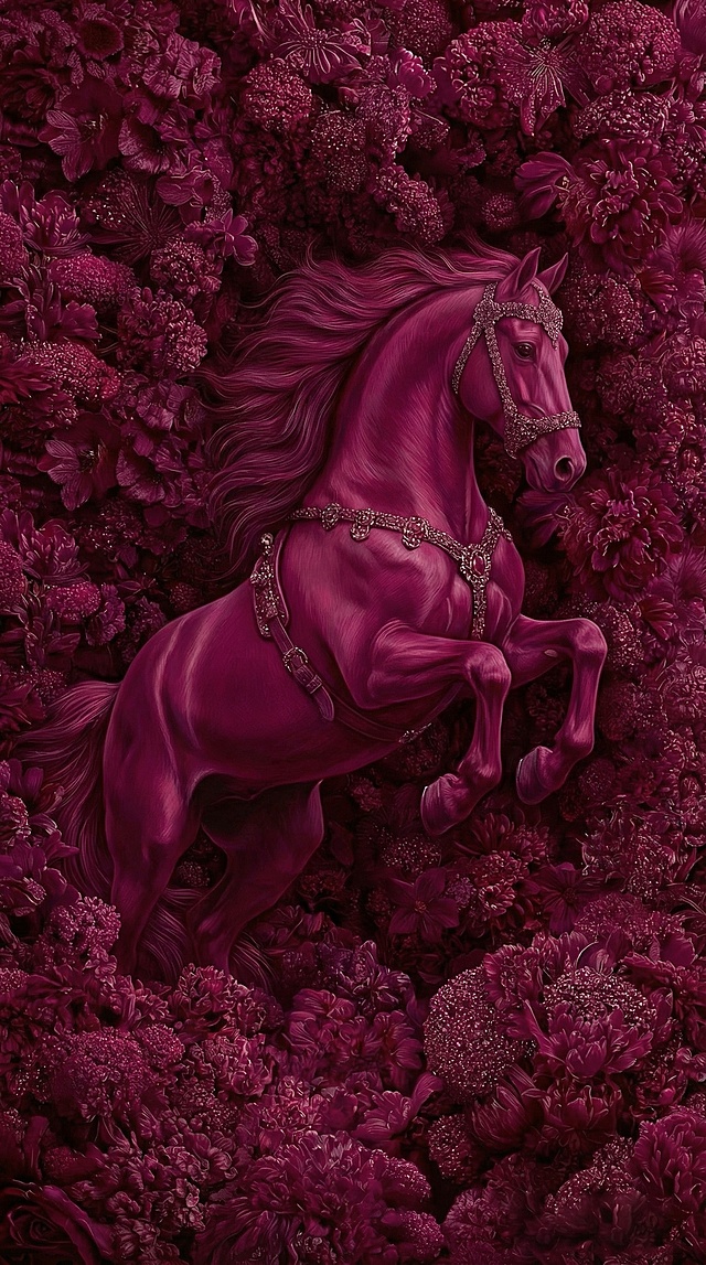 生成10张，不同的马匹的姿态，马匹要呈现出整体，被花团锦簌，