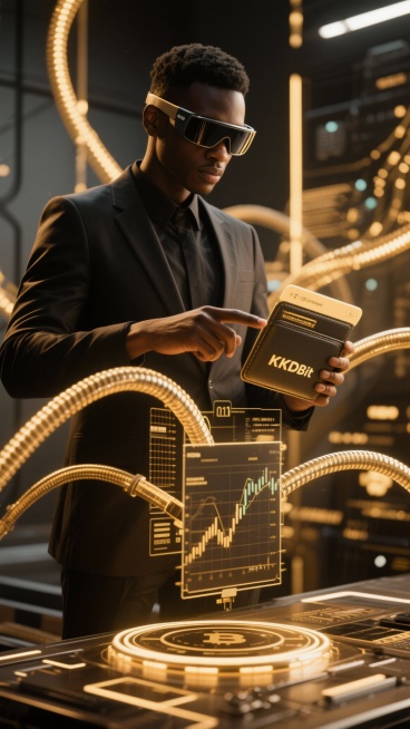 Stylish Congolese professional wearing AR glasses, lightly touching a floating KKDBit wallet interfa预览效果