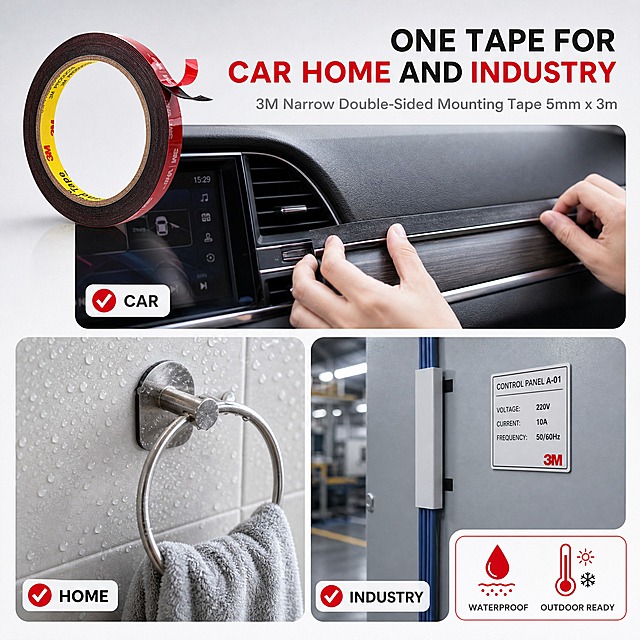 [主图-4] 商品名称：3M Narrow Double-Sided Mounting Tape（3M 窄型双面安装胶带 5mm x 3m）。主题与唯一任务：汽车、家庭、工业三类真实使用场景，并证明防水耐温可户外使用。
[统一基调] 同套统一：白到浅冷灰渐变底；深炭黑标题、中灰说明文字、3M 品牌红强调；单一无衬线字体；圆角细线卡片与红色勾选图标，不用厚重色块通栏。
[画面] 采用流式错落排布的三个真实场景小窗，不做等大宫格：上方宽窗为车内中控台区域，一段黑色双面安装胶带被裁剪成窄条，平整固定住一条汽车内饰装饰饰条，胶带边缘服帖无翘起，可见真实按压接触点；左下小窗为家庭浴室墙面，胶带固定一只金属挂钩并挂着毛巾环，墙面有水珠但胶带贴合牢固；右下小窗为工业环境金属柜体侧面，胶带固定一条线槽与设备标签；每个小窗底部配一条短标签；右下角另加水滴与温度计图标组件；整卷产品在左上角作为产品锚点出现，红色离型膜与卷芯黄色印刷保持与输入图一致。
[光影质感] 分别匹配车内冷光、浴室湿光与工业顶光，胶带在所有场景中呈现真实按压贴合与接触阴影，无漂浮、无穿模、不硬切。
[配色] 沿用白、浅冷灰、炭黑与品牌红，三个场景环境色只作低饱和环境色。
[文字版式] 顶部标题英文大写 "ONE TAPE FOR CAR HOME AND INDUSTRY"；小窗标签 "CAR" "HOME" "INDUSTRY"；图标旁标注 "WATERPROOF" "OUTDOOR READY"；词组用空格不用逗号，文字横排不竖排，不遮挡主体。
[输出要求] 1:1 方形；文案清晰；负向：变形、错字、模糊、杂乱、水印、平台 Logo、多余手指、畸形手、虚假悬挂、连接穿模。