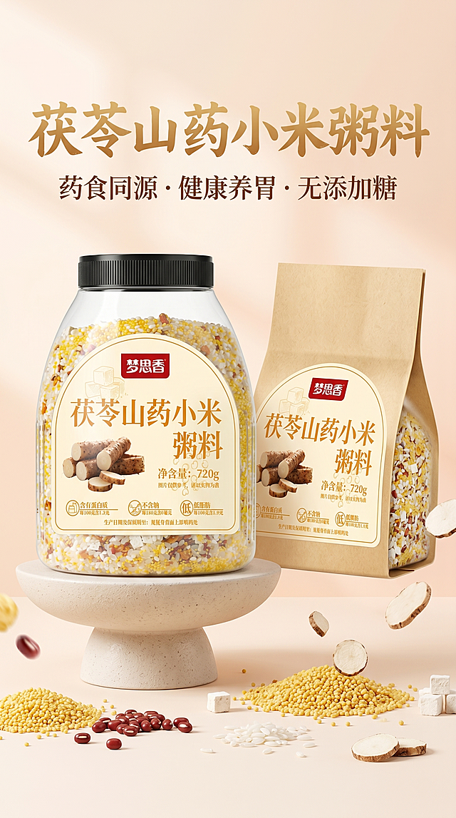 高端设计感电商详情首屏海报，主产品是梦思香元宝罐茯苓山药小米粥料，展示袋装和罐装两款产品，搭配散落的谷物食材，主标题大字突出"茯苓山药小米粥料"，副标题"药食同源 健康养胃 无添加糖"，现代简约设计，干净高级暖色调，构图层次分明有设计感，宽度790像素