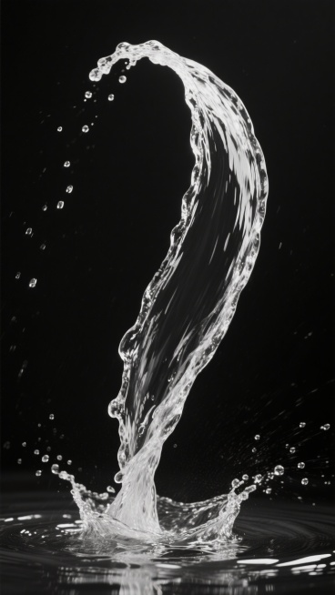 黑白摄影风格，纯黑色背景，中央有一束向上喷射的水流，水柱造型变换为优雅的弧形曲线，水流顶部略微散开，底部有水花溅起，形成自然的水波纹，整体光影对比强烈，水珠细节清晰，展现出水的透明质感和动态美感。预览效果