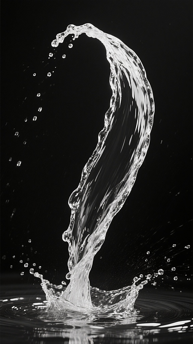 黑白摄影风格，纯黑色背景，中央有一束向上喷射的水流，水柱造型变换为优雅的弧形曲线，水流顶部略微散开，底部有水花溅起，形成自然的水波纹，整体光影对比强烈，水珠细节清晰，展现出水的透明质感和动态美感。