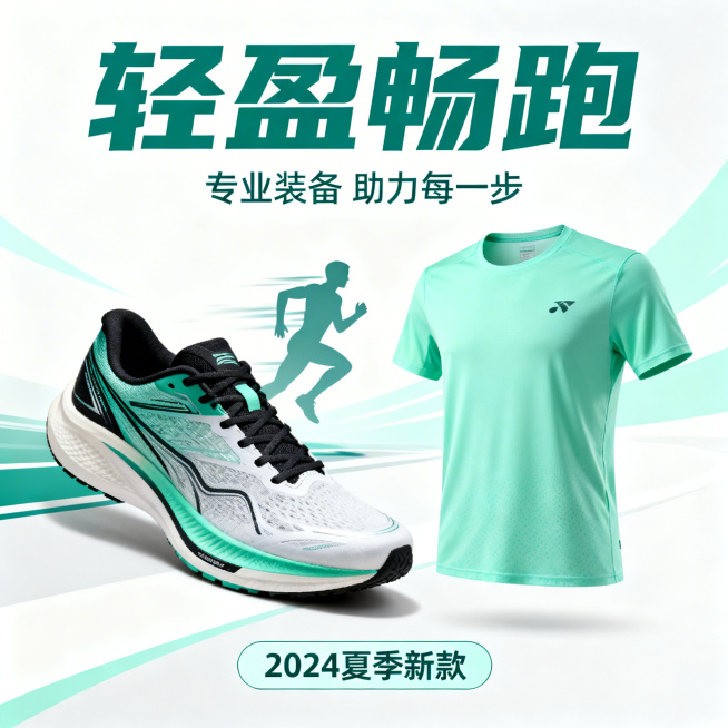 跑步类运动商品海报，清新活力风格，以薄荷绿和白色为主色调，展示专业跑鞋、速干运动衣，搭配动态跑步元素，突出轻盈透气的产品卖点，布局简洁大气预览效果