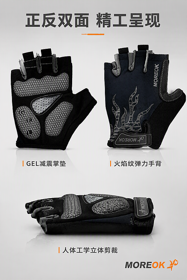 [第6张] 产品外观页 - 正反面多角度展示。本张使用【图1】（掌心面）和【图2】（手背面）共同展示正反两面。
[氛围/风格] 产品展示风，简洁专业，多角度呈现，商业摄影质感。
[元素布局] 画面上半部分左右并排展示两只手套：左侧为掌心面（GEL垫面），右侧为手背面（火焰纹面），两只手套对称摆放，占画面约60%；下半部分展示手套侧面视角，呈现厚度和立体结构；背景为浅灰色渐变台面，有柔和倒影；两只手套颜色、纹理、图案、结构与输入图完全一致。
[光影质感] 顶部均匀柔光，两侧补光减少阴影，底部柔和倒影，整体干净明亮突出产品轮廓。
[配色色系] 全局底色浅灰渐变 #F0F0F0 到 #E0E0E0；主色黑灰；辅助色品牌橙 #FF6B35 点缀；文字深灰+橙色。
[视角构图] 上二下一布局，正面平视角度，阅读动线从上到下。
[文字版式] 版式为顶部标题 + 中部产品展示 + 底部标注。顶部主标题「正反双面 精工呈现」，深灰粗黑体；掌心面下方标注「GEL减震掌垫」，手背面下方标注「火焰纹弹力手背」，侧面下方标注「人体工学立体剪裁」；右下角品牌标识「MOREOK」；文字清晰可读。
[比例分辨率] 2:3竖版比例，宽度1200，高度1800，4K分辨率，文字清晰可辨，高清画质。
[负向提示词] 手套变形，正反面错误，颜色偏差，水印，文字错乱，图案错误。