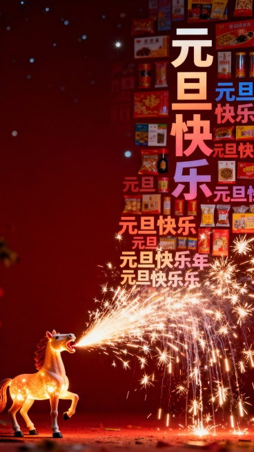 主体：左下角一个微缩的骏马，从嘴巴喷出点燃的礼花，礼花喷出的烟花自上而下落下密集的各色的元旦快乐，元旦快乐，文字渐变又清晰到模糊，并且穿插产品图片，几乎铺满整个画面。
装饰元素：其余部分留白
色调：元预览效果