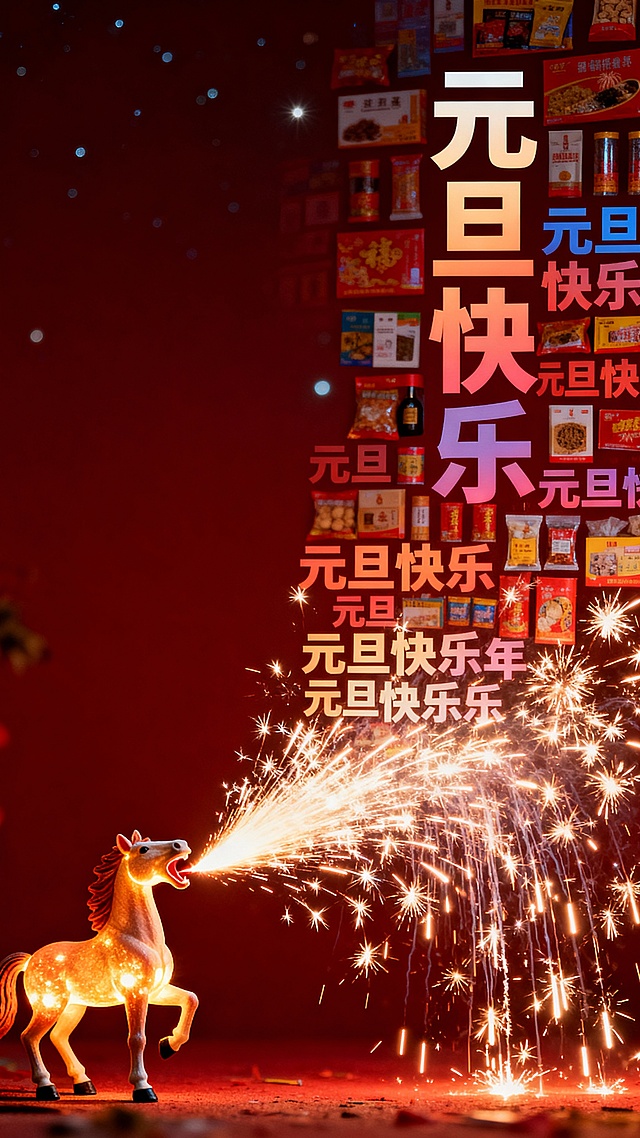国潮风拟人马喷射烟花，粒子光效交织喜庆氛围，光影流动中呈现梦幻趣味，元旦主题字堆叠如礼盒墙，满溢节日欢愉。