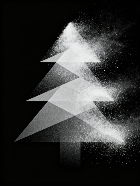 a single white dust particles on black background, creating an abstract shape of the christmas tree预览效果