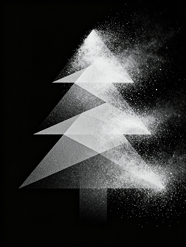 极简主义圣诞树，几何形与粒子光效交织，黑白单色中透出未来感与朦胧光影，抽象演绎节日静谧之美。