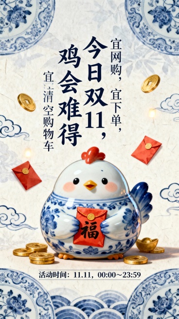 制作一张双11促销海报，主角是一只可爱的胖乎乎小鸡，外形如陶瓷青花瓷，有釉面光泽、蓝白相间、圆润可爱。整体画风融合国潮与可爱风。背景采用淡雅宣纸纹理或青花瓷纹样，带有东方韵味。画面为竖版构图，中央为青预览效果