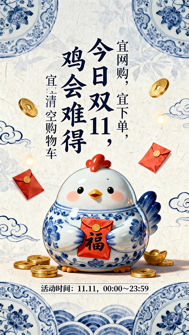 作品以“今日双11，鸡会难得”为主题，将青花瓷的东方雅韵与可爱萌鸡形象结合，呈现国潮可爱风的节日仪式感。竖排书法标题仿古黄历设计，副标题“宜网购，宜下单，宜清空购物车”诙谐幽默。胖乎乎的青花瓷小鸡象征好运与富足，用温暖色调传递双11购物的欢喜与生活的诗意。