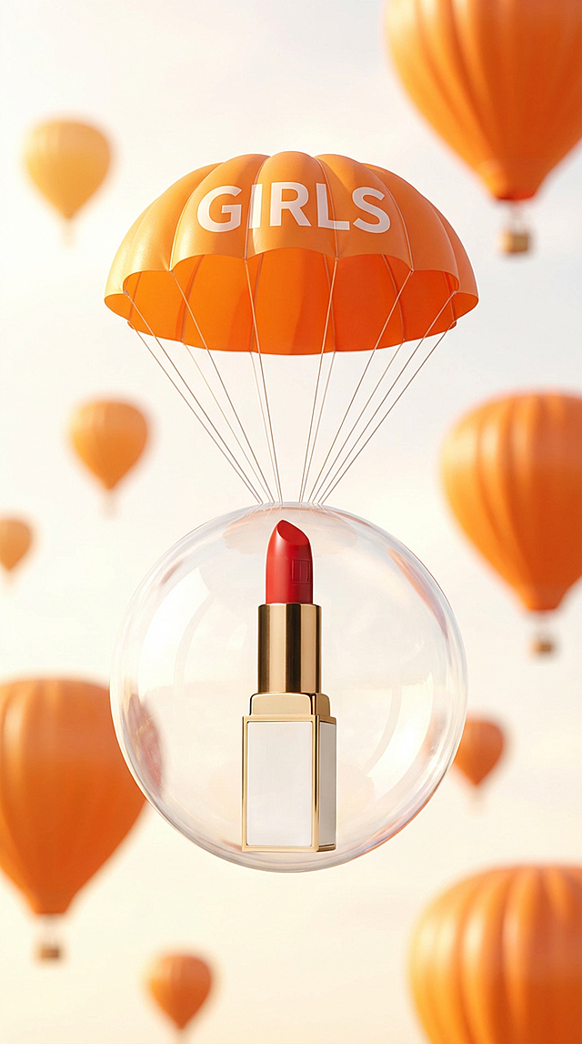 梦幻3D风格，玻璃质感透明球包裹奢华口红，橙色降落伞印有“GIRLS”，背景热气球漂浮，清透时尚，节日氛围感十足。
