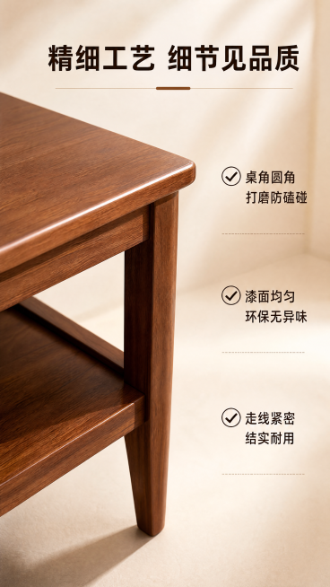 [第7屏] FAS级实木双层边几细节工艺展示。特写展示桌角打磨封边工艺，使用参考图1展示桌脚细节，保持胡桃色木纹和原有结构不变，突出实木打磨光滑圆润、封边均匀紧密的工艺细节。左侧特写右侧文字说明，浅暖预览效果