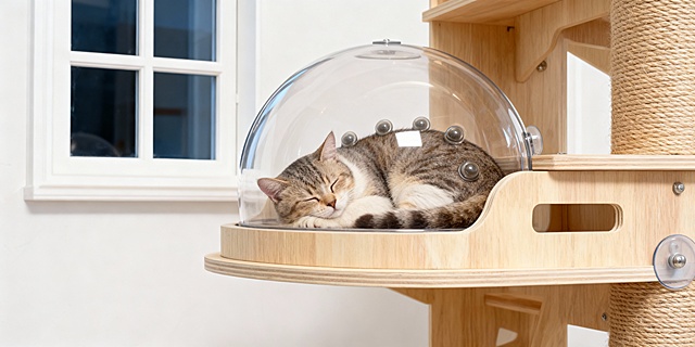 给太空舱吸盘猫爬架生成一个背景，太空舱里面放一只猫在睡觉，太空舱吸附在窗户上面，尺寸2比1