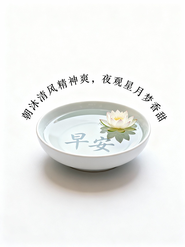 ### **1. 晨间财喜**
**祝福语：** 晨光熹微照福来，财喜盈门笑颜开（位于画面左侧，从上到下竖排书法体）
**提示词：**
中式早餐静物摄影，深色木桌上摆放一套青花瓷盖碗茶具，碗盖斜置，热气微升。旁边有一小碟金元宝造型糕点。柔和的晨光从右侧射入，在桌面投下温暖光影。照片级质感，浅景深。在画面左侧空白处，从上到下竖排书写15字祝福语。画面右下角茶具旁，有雅致小字“早安”。画幅比例3：4

### **2. 朝安暮宁**
**祝福语：** 朝有清欢岁长安，暮得心宁日可期（位于画面顶部，横排端庄楷体）
**提示词：**
禅意中式静物，一方古砚旁置毛笔一支，砚台中墨迹未干。旁边摊开一卷宣纸，纸上有一枚红叶。清晨柔光斜照，营造宁静雅致氛围。细节丰富，纹理清晰。画面顶部居中横排书写17字祝福语，采用端庄楷体。画面左下角砚台旁，有细小字样“早上好”。画幅比例3：4

### **3. 福伴晨光**
**祝福语：** 晨起福星常高照，吉时祥瑞总相伴（环绕主体物成弧形排列）
**提示词：**
吉祥主题静物，红色锦囊与古钱币置于朱红漆盘之上，旁有如意纹香囊一个。温暖晨光从左上角洒下，凸显物体质感。色彩以红金为主，喜庆祥和。18字祝福语以弧形排列在漆盘周围。画面右上角光线明亮处，有金色小字“早安”。画幅比例1：1

### **4. 良辰启新**
**祝福语：** 良辰美景今朝启，清风明月伴新程（位于画面右侧，分两列竖排）
**提示词：**
新中式极简构图，透明玻璃瓶插单枝含苞白梅，置于灰白色大理石台面。冷色调晨光营造纯净清雅氛围。背景虚化，突出花枝线条美感。16字祝福语在画面右侧分两列竖排书写。画面左下角瓶底旁，有浅灰色“早上好”字样。画幅比例1：1

### **5. 祥瑞晨安**
**祝福语：** 祥云缭绕家宅旺，瑞气充盈晨安好（作为背景水印，重复隐约出现）
**提示词：**
传统吉祥静物，翡翠白菜雕件（或白菜造型摆件）与一对小葫芦置于深蓝绸布上。侧光照明，突出雕刻细节。背景为米色宣纸纹理，上面隐约重复浮现18字祝福语水印。画面正下方白菜雕件前，有清晰黑色“早安”字样。画幅比例3：4

### **6. 朝食纳吉**
**祝福语：** 朝食五谷纳千祥，暮饮清茶收百福（位于画面底部，居中对齐）
**提示词：**
温馨早餐场景，竹制蒸笼揭开，内盛晶莹虾饺三只。旁有青瓷醋碟与竹筷。清晨暖光营造食欲与温馨感。食物细节逼真，蒸汽微现。20字祝福语在画面底部居中横排。蒸笼盖上贴有红色小笺，上书“早上好”。画幅比例3：4
### **7. 晨光如愿**
**祝福语：** 晨光所及皆如愿，步履所至俱坦途（位于画面左上至右下的对角线上）
**提示词：**
概念化构图，一束晨光透过窗格，在地面投出清晰光影。光斑中有一枚天然水晶簇。背景简洁，突出光线质感。氛围充满希望与能量。17字祝福语沿着从左上到右下的对角线方向排列。在主要光斑中心，有细微的“早安”字样融入光影纹理。画幅比例1：1

### **8. 日日祯祥**
**祝福语：** 日日常安有祯祥，岁岁清平无烦忧（位于画面四周边缘作为边框装饰）
**提示词：**
典雅中式书桌静物，摊开的线装古籍上压着镇纸，旁有燃尽的香插。柔和均匀的晨间天光。色调古朴雅致。18字祝福语作为装饰性文字边框，围绕画面四周边缘。在翻开书页的空白处，有手写体“早上好”。画幅比例1：1

### **9. 朝沐清风**
**祝福语：** 朝沐清风精神爽，夜观星月梦香甜（位于画面中央，围绕圆形主体排列）
**提示词：**
极简禅意画面，圆形浅口白瓷皿盛清水，水面浮一朵莲花（或莲叶）。背景纯白，光线均匀柔和。意境空灵洁净。19字祝福语以圆形排列方式环绕在白瓷皿周围。在水面倒影中，隐约可见“早安”二字。画幅比例3：4

### **10. 晨启鸿运**
**祝福语：** 晨起推窗迎鸿运，夜来闭户接福星（位于画面背景墙上，仿挂幅形式）
**提示词：**
生活化场景，中式窗棂前小桌，桌上紫砂壶还冒着热气。窗外可见朦胧竹影。晨光透过窗格形成美丽光影。氛围宁静闲适。18字祝福语以仿书法挂幅形式出现在背景墙上。在窗棂的光影中，投射出“早上好”的阴影字样。画幅比例1：1           根据以上提示图，生成对应10张祝福图