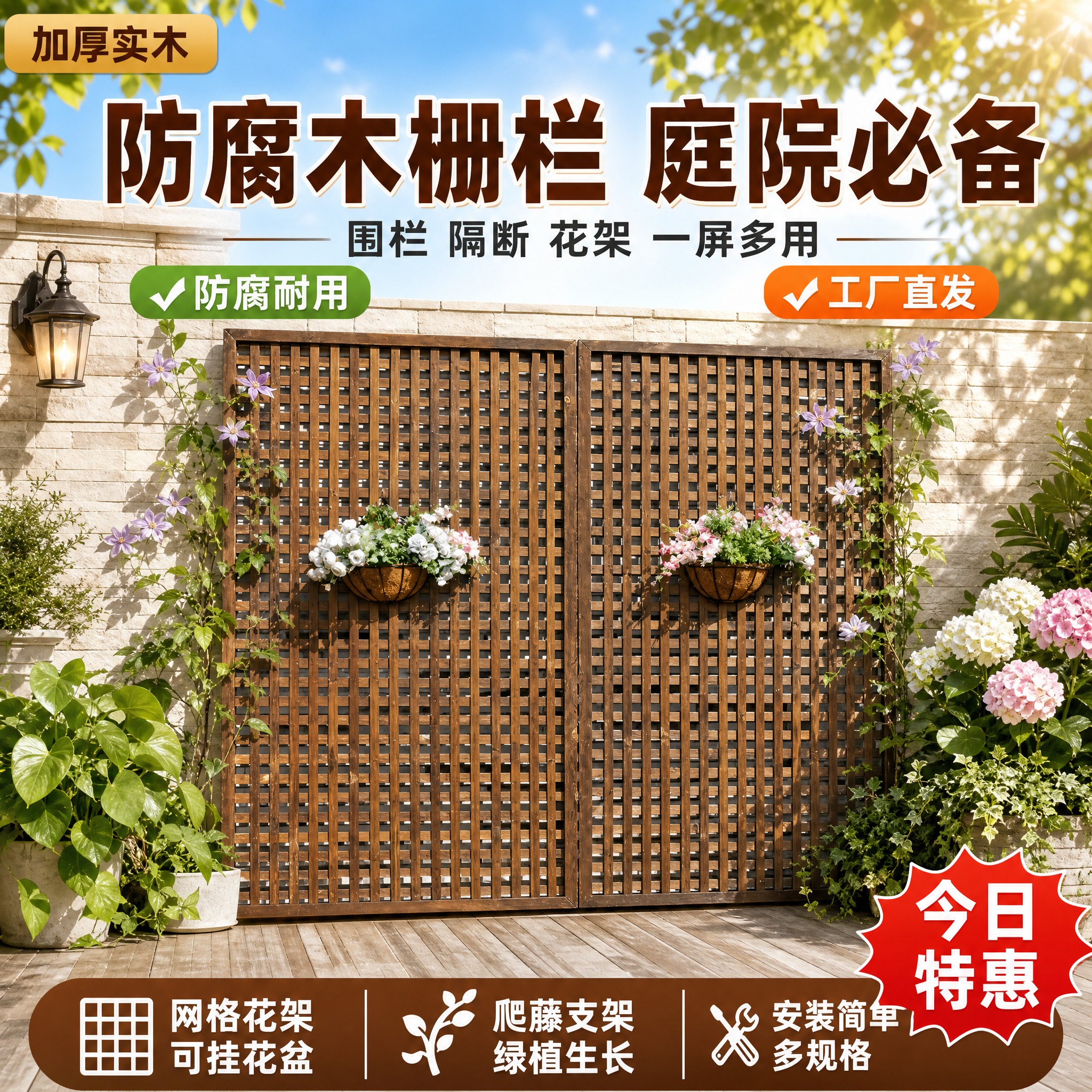 [单张主图] 防腐木栅栏网格花架 拼多多爆款促销感主图 顶部大… - 图片创意预览