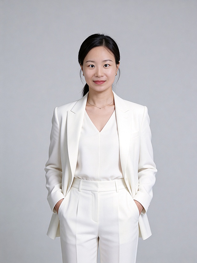 参考第一张图保留人物脸型､发型､年龄等特征生成职场形象照,参考第二张图人物占位和比例,采用标准焦段50mm,F/4光圈(处于F/2.8-F/4区间),平视视角(镜头与人物视线齐平);人物占画面70%,人物居中(居中构图),位于画面中心,为视觉聚焦点,入境范围头部及以下至臀部下方10cm(半身像);左右留少量背景空间;头部与画面顶部保留5%空间(头部发型完整呈现);原生肤质白皙细腻(通透自然),搭配韩式清透通勤妆(底妆轻薄整洁,浅淡暖调唇色提升气色,无浓重妆感);身着净白色西装外套(聚酯纤维材质)+同色系V领内搭+白色高腰西装裤(服装材质为聚酯纤维细腻挺括的西装面料,兼具柔和垂坠感与适度版型支撑力);发质柔顺,发丝光泽(呈微微自然蓬松);姿态优雅松弛:双手自然插入裤袋,身姿站立,肩部放松;唇角微微上扬(带浅淡笑意),眼神温和明亮并看向镜头,自带职场女性的专业与亲和感;画面整体简约高级,为专业棚拍人像写真,采用柔和自然布光,4800K中性光色温,面部光比精准控制1:1.3,面部光线均匀通透;主体锐利清晰,背景为极简纯中度灰色背景(光线呈现均匀柔和干净的质感),严格按照第一张图内容生成｡