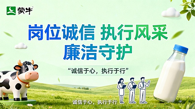16:9 海报，3000px 宽，300dpi，PNG 格式，清新活力风格，主题是我爱我家 “廉洁从家出发”，融入蒙牛品牌元素：浅绿色草原背景，卡通奶牛和牛奶瓶作为侧边装饰，蒙牛 logo 放在左上角，核心文字 “岗位诚信 执行风采 廉洁守护” 用蓝绿渐变艺术字居中，底部添加蒙牛诚信执行理念 “诚信于心，执行于行”，点缀 3 个简约办公人物线条插画，色彩明亮柔和，适合年轻群体，易读易懂