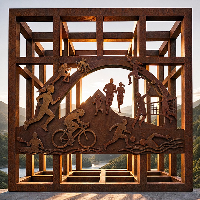 去除画面中所有文字（包括'营盘山健康体育公园'中文和英文），在原文字位置增加更多运动人物剪影形象，如跑步、骑行、游泳、球类运动等多种运动姿态，丰富运动氛围。背景透过镂空框架展现綦江山水空间景观，连绵的山脉、森林、河流，体现綦江独特的山水地貌。保持耐候金属板铁锈红材质、方管井字透视框架结构、背光发光效果、户外自然光、工业美学风格不变，8K超高清，真实光影，高质感细节