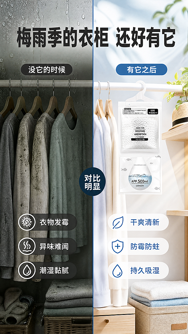 [第2张] 详情页痛点直击-梅雨季衣柜潮湿问题对比。本张使用【图1】作为右侧解决方案的产品主体。
[氛围/风格] 左右对比版式，左侧暗沉潮湿感，右侧明亮干爽感，反差强烈，商业摄影质感。
[元素布局] 画面左右分栏对比；左侧为潮湿衣柜场景：衣物发霉有异味、墙面有水珠、色调偏暗灰绿，配雨滴元素；右侧为使用除湿袋后的干爽衣柜场景：除湿袋挂在横杆上，衣物整齐干净，阳光照射，色调明亮清新；中间用竖线分隔，上方有大标题统领。
[光影质感] 左侧冷暗顶光，营造潮湿压抑感；右侧暖亮侧光，营造干爽舒适感；左右光影形成鲜明对比。
[配色色系] 左侧暗灰绿+深灰底色；右侧浅天蓝+白色底色；中间分隔线用深蓝色强调；标题字深灰黑体。
[视角构图] 左右对称分栏构图，正面平视，阅读动线顶部大标题 → 左痛点 → 右解决方案。
[文字版式] 版式为顶部大标题 + 左右分栏对比。顶部主标题「梅雨季的衣柜 还好有它」；左侧痛点区小标题「没它的时候」，下方3个痛点短句：「衣物发霉」「异味难闻」「潮湿黏腻」，每个配小图标；右侧解决区小标题「有它之后」，下方3个结果短句：「干爽清新」「防霉防蛀」「持久吸湿」，每个配小图标；文字清晰可读，不遮挡关键场景。
[比例分辨率] 9:16 竖版比例，4K分辨率，文字清晰可辨，高清画质。
[负向提示词] 产品变形，发霉场景过度恶心，文字错乱，水印，颜色偏差，左右比例失调。