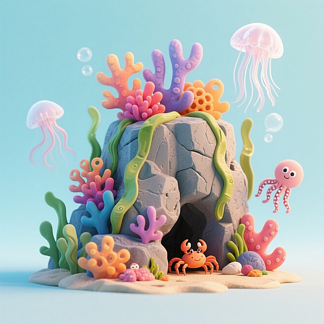 梦幻3D粘土风海底世界，卡通拟人生物与多彩珊瑚，营造童趣盎然的视觉盛宴。