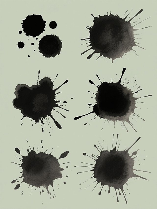 一张纯色背景的系列素材集合，画面中包含6个完全不同造型的泼墨元素内容，这些泼墨元素保留了原始的水墨质感，有大小不一的墨点、墨团和飞溅的墨丝，整体呈现出自然、随性的艺术风格，6个泼墨元素规整排布，画面中没有任何文字出现。