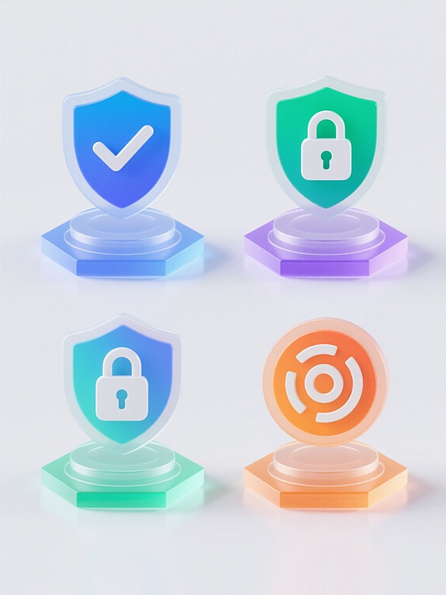 科技感十足的软3D风设计，盾牌与锁元素象征安全，色彩渐变展现现代创意。