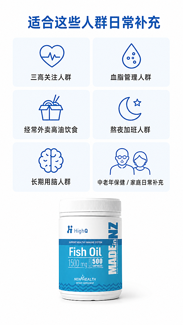 「图片1」，生成一套详情页，商品名称为HighQ深海黄金比鱼油家庭装1500mg（500粒），适配淘宝/天猫平台，单图比例为9:16，需求屏数为10张。产品定位：  新西兰进口家庭装鱼油，500粒超大容量，每2粒含1500mg深海鱼油、450mg Omega-3、240mg EPA及150mg DHA，EPA:DHA≈3:2黄金比例。  核心卖点：  1500mg高含量深海鱼油 450mg Omega-3 EPA 240mg + DHA 150mg EPA:DHA≈3:2黄金比例 500粒超大容量家庭装 新西兰品牌  原料优势：  甄选南美深海小型鱼种提取鱼油，远离工业污染海域。小型鱼位于食物链较低层级，相较大型鱼类重金属及环境污染物积累更少。从源头保障鱼油纯净品质，每一滴鱼油都更加安心。  功效方向：  心血管健康支持 血脂健康管理 大脑营养支持 视力健康支持 日常Omega-3补充  目标人群：  三高关注人群 血脂管理人群 经常外卖及高油饮食人群 熬夜加班人群 长期用脑人群 中老年保健人群 家庭日常营养补充人群  页面结构：  首屏产品展示 为什么需要补充Omega-3 1500mg高含量鱼油 Omega-3 / EPA / DHA含量展示 EPA:DHA黄金比例解析 南美深海小鱼原料优势（重点模块） 心脏、大脑、眼睛三大健康支持 500粒家庭装性价比展示 适用人群 品牌与品质保障 FAQ
