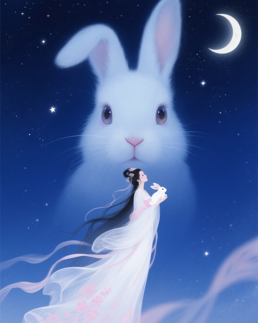 画面中央是一只巨大的兔子眼睛，瞳孔深邃，眼白泛着柔和的光泽，眼神温柔地注视着下方。下方是全身的嫦娥，身着飘逸的白色长裙，裙摆上点缀着淡粉色的花纹，长发如瀑，手持玉兔，身姿轻盈。巨大的兔子头部轮廓朦胧可预览效果