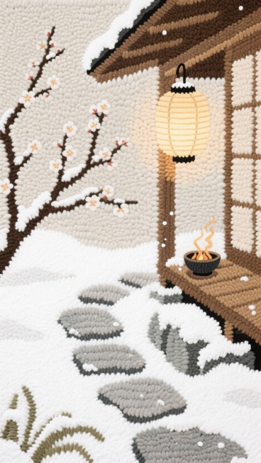 日式庭院的青石小径铺雪，石灯笼亮着暖光，梅枝斜伸，花瓣沾雪。木廊下摆着暖炉，放着抹茶碗，雪落在灯笼纸罩上，浅棕 + 雪白配色，静谧禅意的冬日氛围。预览效果