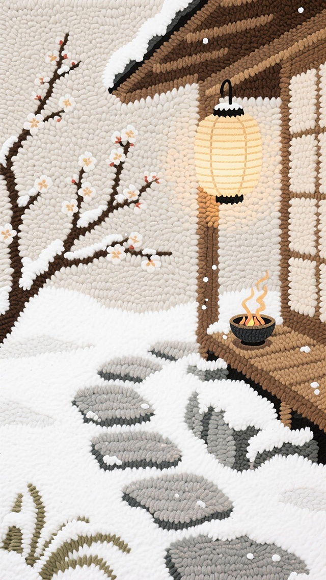 刺绣风插画，雪夜中式小屋，暖灯映梅枝，石径通幽，浮世绘意境，静谧温馨质朴。