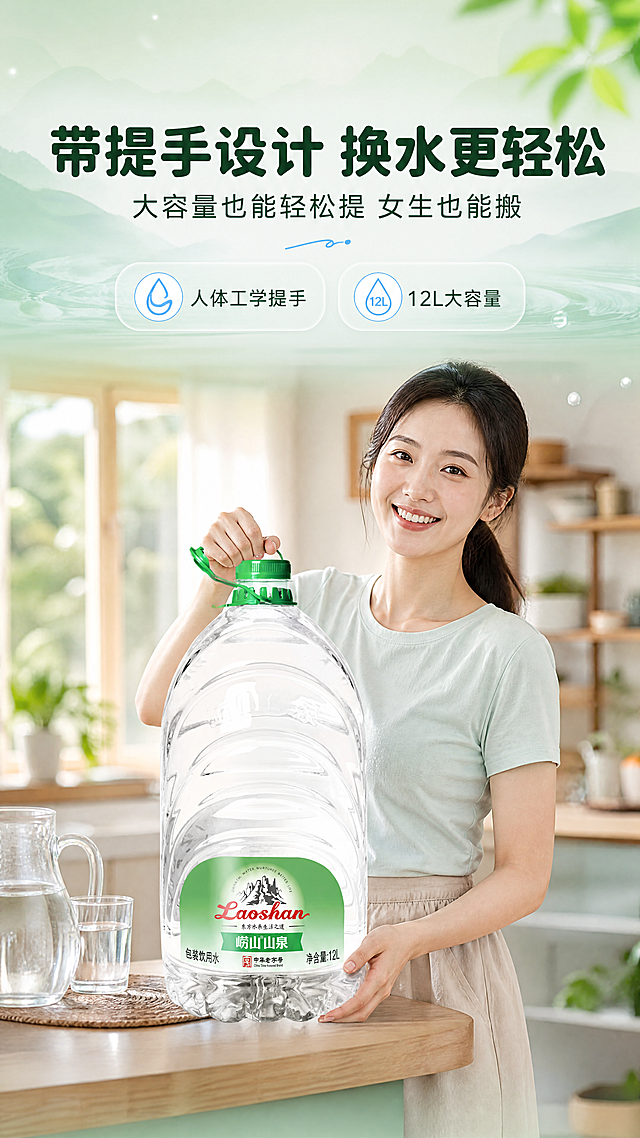 [商品] 使用【图1】崂山山泉12L包装饮用水；保留所有瓶身结构、颜色、标签文字与Logo；产品位于画面中下部，正面朝向，占画面约45%。
[画面] 模特生活方式型，目标展示家庭使用场景与产品互动；一位30岁左右的亚洲女性（家庭主妇形象，清爽自然）站在产品旁，右手握住桶身提手做出轻松提起的动作，左手扶着桶身；模特面带微笑，动作自然；旁边料理台上有玻璃水杯和水壶；背景为明亮的居家餐厅/厨房环境，虚化处理；产品标签清晰可见，人物不遮挡主标签。
[视觉] 套系策略：风格=清新自然山系商业摄影风；标题字=粗黑体带圆润边角；正文字=简洁无衬线体；主色=山泉绿；背景延展=基于山泉绿做深浅渐变、山水云雾质感与通透水感层次；强调色=山涧蓝，仅用于小面积图标、引线和标签点缀；标题色=深墨绿；正文色=深灰绿；组件=圆角半透明信息卡、细线引线、水滴形图标；光影=柔和自然光，人物与产品受光均匀。
[文字] 顶部主标题"带提手设计 换水更轻松"，副标题"大容量也能轻松提 女生也能搬"；下方2个卖点："人体工学提手""12L大容量"；文字横向排版在画面上方，不遮挡人物和产品主体。
[规格] 图片比例9:16竖版，4K，负向提示：避免模特遮挡产品标签、产品变形、人物表情僵硬、文字竖排、极限词、欧美面孔。