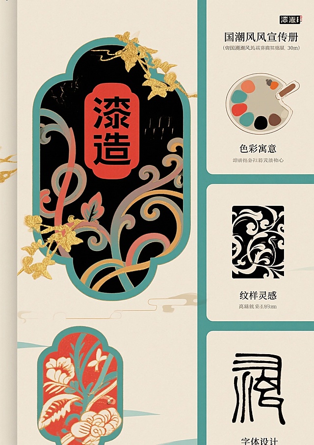 核心风格要求（所有页面通用前缀）：国潮风，融合大漆非遗技艺元素（漆色、漆纹、漆工艺细节），现代简约审美，色彩以大漆经典色（朱红、乌黑、明黄、石青）为主，搭配低饱和辅助色，画面细腻有质感，版式干净留白合理，符合品牌年轻化定位，高清商业宣传册质感，300dpi，适合印刷第1页：封面提示词：国潮风品牌宣传册封面，主体展示“漆造”品牌Logo，Logo融入大漆髹涂纹理，背景为渐变朱红大漆底色，点缀细金漆线条勾勒的传统缠枝纹，右上角标注核心定位“千年大漆，玩转出圈”，右下角小字“非遗大漆年轻化品牌”，整体风格大气简约，视觉中心突出，无多余元素第2页：品牌引言·何为漆造提示词：国潮风宣传册内页，左侧大面积留白，用乌黑漆色书写标题“何为漆造”（书法字体），下方配小字“以漆为媒，连接传统与当下”；右侧分上下两个小版块，上方是浅米色背景搭配朱红漆线勾勒的大漆树简笔画，下方是简洁文字区域（文字内容占位符：“漆造，立足大漆非遗年轻化传播，打破技艺认知门槛，让千年漆艺走进当代生活”），画面左侧加1条细石青漆色竖线分割，整体雅致有呼吸感第3页：核心定位·千年大漆 玩转出圈提示词：国潮风宣传册内页，版式左右分栏，左侧朱红大漆底色，用金色字体突出核心定位“千年大漆，玩转出圈”，背景暗纹为大漆推光工艺的细腻光泽纹理；右侧浅灰色背景，上方是“定位解读”标题（石青漆色），下方用简洁图标+文字占位符呈现核心逻辑：“传统漆艺传承+潮流载体创新+情感互动体验”，每个逻辑点搭配简约漆艺元素图标（漆刷、潮流配饰、握手符号）第4页：非遗底蕴·大漆的千年传承提示词：国潮风宣传册内页，上方通栏展示大漆技艺历史场景简绘（低饱和度水墨风格，描绘古代工匠髹漆场景），下方分两栏，左栏标题“大漆非遗的文化内涵”（乌黑漆色），配朱红漆色细边框；右栏标题“千年技艺的当代价值”（乌黑漆色），同样配朱红漆色细边框，两栏均预留文字占位符区域，背景点缀细微漆粉质感纹理第5页：品牌Logo设计解析提示词：国潮风宣传册内页，左侧主体展示“漆造”Logo完整图形，Logo采用朱红与乌黑撞色，融入大漆缠枝纹与“漆”字意象，右侧分三个小版块，分别标注“色彩寓意”“纹样灵感”“字体设计”，每个版块搭配对应简约图标（调色盘、缠枝纹、字体符号），背景为浅米色，所有分割线采用石青漆色，突出设计细节第6页：品牌IP形象·漆小匠提示词：国潮风宣传册内页，左侧大面积展示IP形象“漆小匠”全身图（卡通形象，身着融合漆艺元素的潮流服饰，手持漆刷，面带微笑，形象活泼可爱），右侧展示IP三个不同动作表情（挥手、举产品、讲解漆艺），下方标注IP形象定位“漆艺文化传播小使者”，背景为浅灰色，点缀朱红漆色小圆圈装饰，整体风格童趣且不失国潮质感第7页：产品系列总览·漆造好物提示词：国潮风宣传册内页，上方通栏标题“漆造好物·三大产品系列”（朱红漆色书法字体），下方三栏均等分布，每栏展示一个产品系列的代表性产品缩略图（搭配简约文字标题：“生活美学系列”“潮流配饰系列”“文化纪念系列”），每个缩略图背景为乌黑漆色，点缀细金漆线条，整体版式规整，层次分明第8页：生活美学系列·漆韵日常提示词：国潮风宣传册内页，左侧展示3件生活美学系列产品（漆盘、漆杯、漆收纳盒），产品摆放错落有致，搭配简约绿植点缀，背景为浅米色，突出产品的大漆质感（推光光泽、纹理细节）；右侧为文字区域，标题“漆韵日常”（石青漆色），下方预留产品介绍文字占位符，加朱红漆色细边框装饰第9页：生活美学系列·细节质感提示词：国潮风宣传册内页，采用多图拼接版式，展示生活美学系列产品的细节特写（漆盘的缠枝纹雕刻细节、漆杯的髹涂纹理、收纳盒的开合处工艺），每个特写图搭配简约文字标注（“缠枝纹雕刻”“多层髹涂”“手工打磨”），背景为乌黑漆色，用金色线条分割画面，突出大漆技艺的精湛细节，整体风格高端有质感第10页：潮流配饰系列·漆尚潮流提示词：国潮风宣传册内页，右侧展示4件潮流配饰系列产品（漆手镯、漆项链、漆发簪、漆钥匙扣），产品佩戴在模特手上/颈部（模特只露局部，突出产品），背景为朱红渐变漆色；左侧为文字区域，标题“漆尚潮流”（乌黑漆色），下方预留产品介绍文字占位符，搭配潮流元素图标（爱心、潮流符号），整体风格时尚动感第11页：潮流配饰系列·个性定制提示词：国潮风宣传册内页，左侧展示个性定制流程示意图（图标+文字：选款式→选漆色→加纹样→完成定制），背景为浅灰色，分割线用朱红漆色；右侧展示2件定制款配饰（刻有专属文字的漆手镯、定制纹样的漆项链），产品特写，背景为石青漆色，突出定制的独特性，整体版式清晰易懂第12页：文化纪念系列·漆承文脉提示词：国潮风宣传册内页，上方通栏展示文化纪念系列代表产品（漆制书签、漆制摆件、漆制礼盒），摆放在简约木质展示架上，背景为浅米色，点缀传统文化元素（竹简、印章）；下方为文字区域，标题“漆承文脉”（朱红漆色书法字体），预留产品介绍文字占位符，整体风格庄重且有文化底蕴第13页：情感互动·漆艺体验活动提示词：国潮风宣传册内页，左侧展示漆艺体验活动场景简绘（多人参与手工髹漆，氛围轻松愉悦，低饱和度色彩），右侧分两个版块，上方标题“漆艺互动·传承有你”（石青漆色），下方列出2个核心体验活动（“手工漆杯制作工坊”“漆纹拓印体验”），每个活动搭配对应图标（漆杯、拓印工具），背景点缀细微漆粉纹理第14页：视觉传播物料·全场景覆盖提示词：国潮风宣传册内页，采用网格版式，展示6种核心视觉传播物料（海报、社交媒体配图、活动展架、包装设计、帆布袋、贴纸），每种物料缩略图下方标注物料名称，背景为浅灰色，所有物料统一融入“漆造”品牌元素与大漆纹理，整体版式丰富但不杂乱，突出品牌视觉的统一性第15页：品牌理念·活态传承提示词：国潮风宣传册内页，左侧大面积朱红漆色背景，用金色字体书写品牌理念“降低非遗消费门槛，助力大漆活态传承”，背景暗纹为大漆与现代生活场景融合的简绘；右侧分两个小版块，上方是“传承目标”，下方是“品牌使命”，均预留文字占位符，搭配简约图标（传承箭头、爱心），整体风格庄重且有温度第16页：用户故事·漆造与你提示词：国潮风宣传册内页，上方标题“用户故事·因漆相遇”（乌黑漆色），下方左右两栏，每栏展示1个用户使用产品的场景（左侧：年轻人用漆杯喝咖啡；右侧：家庭用漆盘摆放水果），场景温馨自然，产品融入场景不突兀，背景为浅米色，每个场景下方预留简短用户感言占位符，搭配小爱心图标第17页：合作与渠道·携手传播提示词：国潮风宣传册内页，左侧标题“合作与渠道”（石青漆色），下方列出3类核心渠道（线上电商平台、线下非遗体验馆、联名合作店铺），每个渠道搭配对应图标（电商图标、店铺图标、握手图标）；右侧展示品牌线下体验店门头简绘（融入大漆元素，风格简约大气），背景为浅灰色，分割线用朱红漆色，整体信息清晰第18页：非遗赋能·行业参考提示词：国潮风宣传册内页，左侧大面积文字区域，标题“非遗赋能·为同类文化提供实践参考”（朱红漆色），预留核心观点文字占位符；右侧展示“传统漆艺+年轻化品牌”的逻辑示意图（图标+箭头：非遗技艺→品牌设计→潮流转化→活态传承），背景为乌黑漆色，点缀金色线条，整体风格专业且有说服力第19页：联系我们·漆造邀约提示词：国潮风宣传册内页，左侧大面积浅米色背景，展示联系信息（电话、微信、小红书账号、地址），每个信息搭配对应图标，标题“联系我们·漆造邀约”（乌黑漆色），加朱红漆色细边框；右侧展示IP形象“漆小匠”招手示意的形象，背景为石青漆色，整体风格亲切友好第20页：封底提示词：国潮风宣传册封底，上方展示“漆造”品牌Logo与核心定位“千年大漆，玩转出圈”（与封面风格呼应），中间大面积留白，用金色漆线书写品牌Slogan“以漆为媒，让传统活起来”，下方标注版权信息与联系方式（简洁小字），背景为乌黑漆色，点缀细金漆缠枝纹暗纹，整体与封面呼应，简洁大气