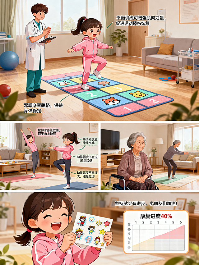 全新儿童物理治疗参赛科普故事图文4-6页，和前3页画风统一细腻治愈，第4页：朵朵开心地做趣味平衡训练，脚下是画着卡通跳格的训练垫，康复师哥哥在旁边鼓掌记录，配文讲解平衡训练对运动损伤恢复的作用，附带简单的动作要点科普；第5页：朵朵在家和奶奶一起做简易康复拉伸小游戏，画面里有卡通标注的正确动作示意、注意事项小贴士，内容实用贴近家庭场景；第6页：朵朵打卡满一周，拿着集齐的小贴纸笑得很开心，旁边的进度表显示康复进度完成40%，配文鼓励正在做康复的小朋友，氛围温暖有感染力，细节丰富质感高级