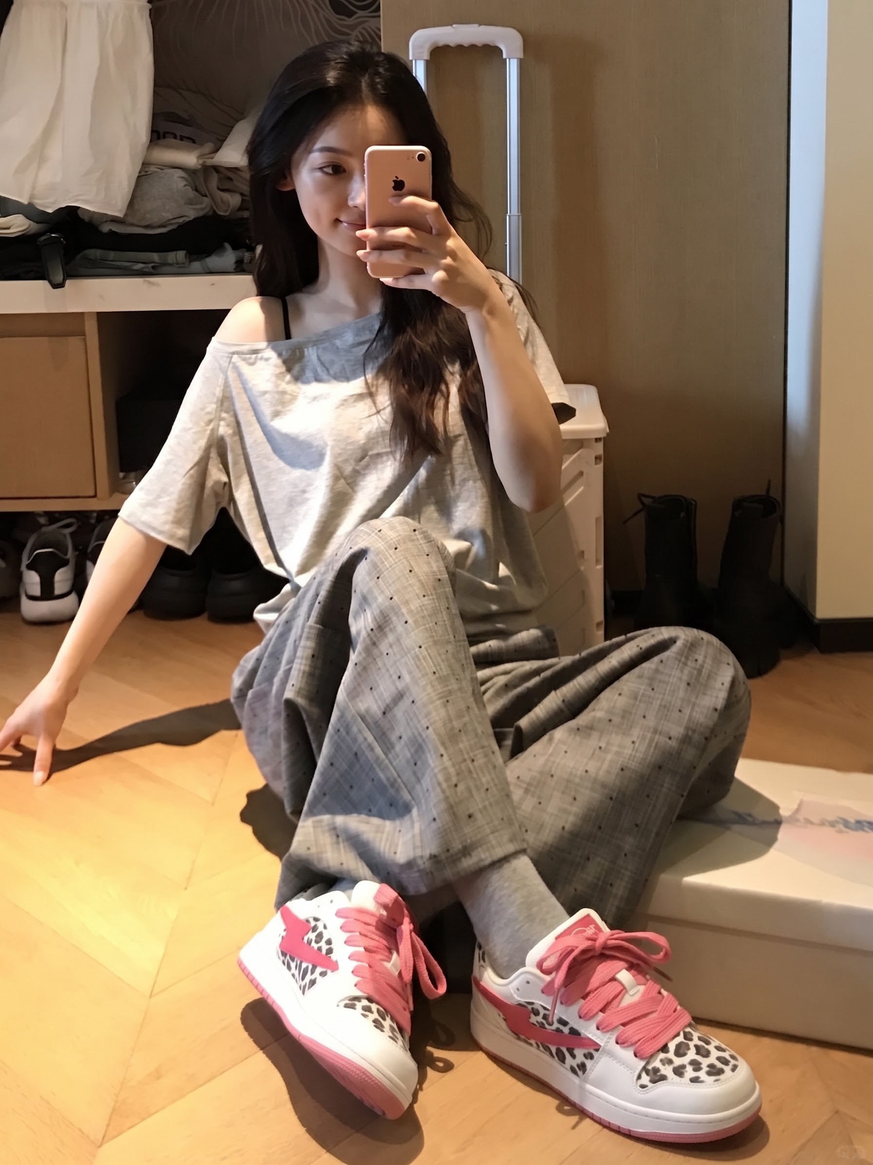 把图1模特脚上的鞋子改成图2白底图的鞋子保持整体光影风格自然协调 - 图片创意预览