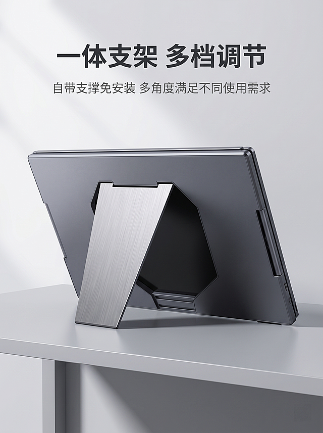 [详情页4 一体支架展示] aigo14寸双屏便携显示器一体化自带支架展示
[氛围风格] 简约科技风，突出结构设计
[画质] 商业摄影，细节清晰，画面干净
[元素] 严格参考实拍图，保持支架拉出后的结构形态完全正确，产品立放在浅色桌面，居中展示支架结构，商品占比70%，满屏无边框
[光影] 侧光突出金属支架质感，明暗对比清晰，结构立体感强
[配色] 深空灰机身，拉丝银支架，浅灰背景，配色高级
[视角构图] 斜侧平视角度，完整展示支架结构
[文字版式] 顶部标题“一体支架 多档调节”深灰粗体；下方说明“自带支撑免安装 多角度满足不同使用需求”浅灰小字，不遮挡产品主体
[比例分辨率] 3:4比例，2k分辨率，文字清晰，超高清
[负向提示词] 结构错误，变形，水印，文字错乱，产品模糊，背景杂乱