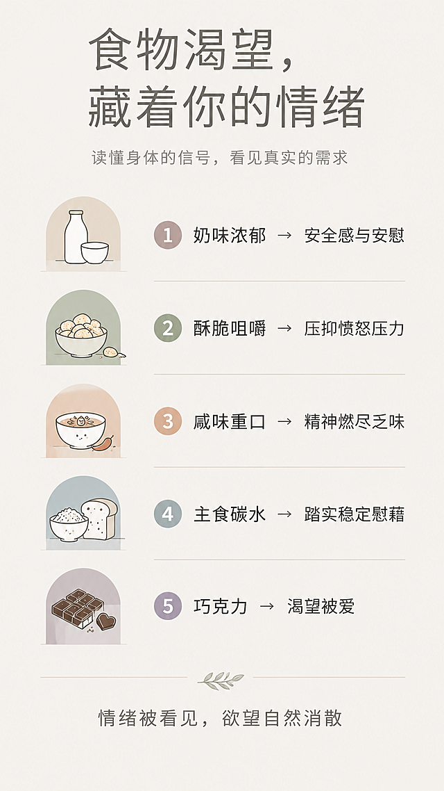 基于原图修改：1. 将第三条文字中的"咸"字修正为正确的"咸"字（咸味重口）；2. 将第二条文字中的"愤"字修正为正确的"愤"字（压抑愤怒压力）；3. 移除底部的二维码占位方块，底部只保留"情绪被看见，欲望自然消散"文字，下方适当留白；4. 保持简约高级风格不变，莫兰迪配色，极简设计，所有文字清晰准确；5. 生成1080p高清图。画面中必须完整呈现以下文字信息：食物渴望，藏着你的情绪；读懂身体的信号，看见真实的需求；奶味浓郁 → 安全感与安慰；酥脆咀嚼 → 压抑愤怒压力；咸味重口 → 精神燃尽乏味；主食碳水 → 踏实稳定慰藉；巧克力 → 渴望被爱；情绪被看见，欲望自然消散。所有汉字必须准确无误，不得有错别字。