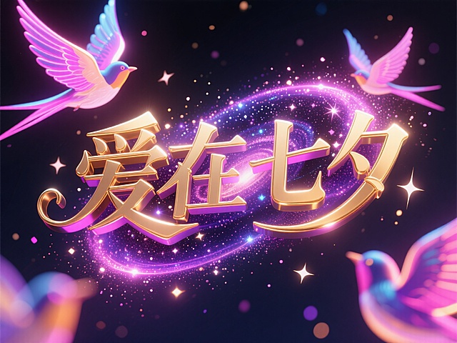 画面中 “爱在七夕” 金字闪耀，周围环绕着梦幻星云、闪烁星光，还有几只色彩绚丽的飞鸟，整体营造出浪漫璀璨的七夕氛围，传递出爱意满盈的美好感觉。