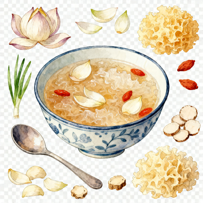 统一手绘插画风格的百合银耳羹，尺寸比例统一，PNG透明背景，碗装甜汤，器皿周边添加百合、银耳等相关食材元素，清新养生风格，干净通透预览效果