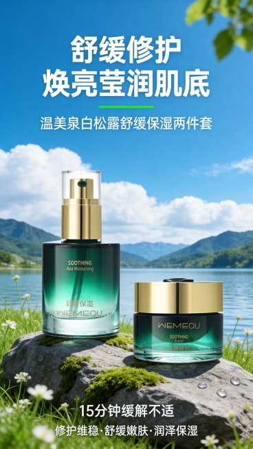 将两款护肤产品放置在一块长有青苔的灰色天然岩石上，岩石周围环绕鲜绿色草地，点缀细碎白色小花和露珠，营造自然纯净的护肤氛围。背景为户外自然风景，包含澄澈的蓝天、蓬松的白云、远处的青山、平静的湖水，画面右预览效果