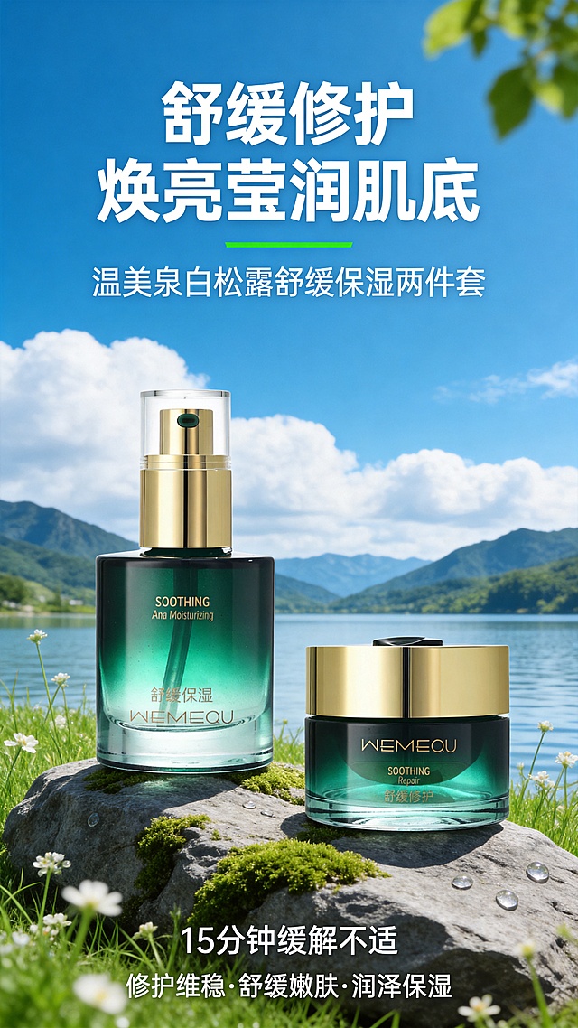 将两款护肤产品放置在一块长有青苔的灰色天然岩石上，岩石周围环绕鲜绿色草地，点缀细碎白色小花和露珠，营造自然纯净的护肤氛围。背景为户外自然风景，包含澄澈的蓝天、蓬松的白云、远处的青山、平静的湖水，画面右上角点缀虚化的绿色树叶，整体清新治愈，突出产品天然舒缓的属性。光影为柔和的自然光，模拟户外晴天的明亮光线，瓶身呈现自然高光与通透感，凸显玻璃材质与精华液的清透质感，整体光线均匀。画面上方居中位置是大字体加粗的白色粗体无衬线主标题，上下分行：第一行"舒缓修护"，第二行"焕亮莹润肌底"；主标题下方居中位置是带绿色下划线装饰的白色字体核心功效标语"温美泉白松露舒缓保湿两件套"；画面底部居中位置是白色细体无衬线底部辅助卖点"修护维稳·舒缓嫩肤·润泽保湿"；所有文案配色以白色、绿色为主，不遮挡产品主体，信息层级清晰。画质要求8K超高清，细节清晰，产品纹理、瓶身文字、背景风景边缘锐利无模糊锯齿，色彩风格清新自然高饱和度，还原蓝天绿草湖水的真实色彩，增强治愈感。保留产品瓶身所有文字细节，确保品牌名、产品名、容量等信息完整清晰，强化产品天然温和属性，突出产品"15分钟缓解不适"的功效，适配手机端展示。