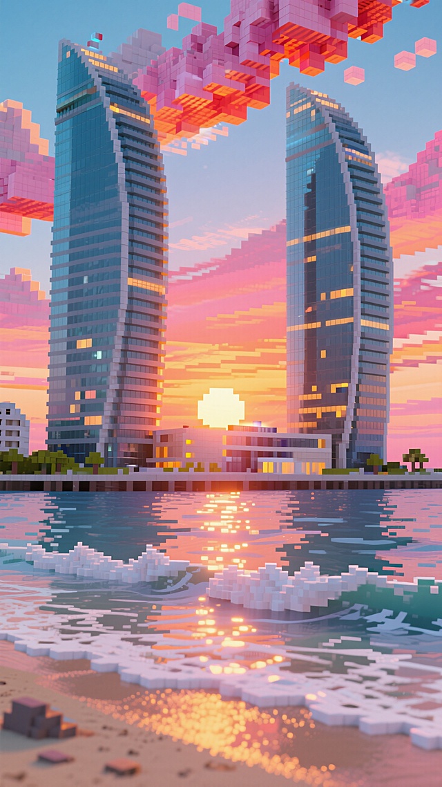 厦门双子塔建筑群，海边，落日，晚霞