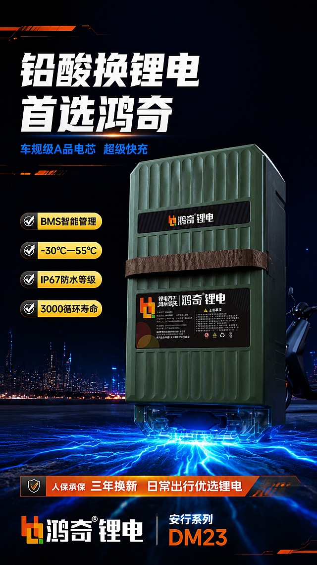 [第1屏] 详情页头图主视觉 - 鸿奇锂电安行系列DM23二轮电动车锂电池新品宣传海报。本屏使用【图2】作为商品主体，保留产品军绿色外壳、棕色绑带、正面标签等外观特征。
[氛围/风格] 深色科技性能风，抖音竖版海报质感，商业摄影级光影，高级科技感，冲击力强。
[元素布局] 产品电池置于画面中右区域，占比约55%-60%，正面45度微仰视角度，底部有蓝色能量光效从电池底部迸发扩散；左侧及上方留标题文案区；背景为深邃黑色渐变，远处有城市夜景天际线轮廓和蓝色光点，右下角隐约可见电动车局部剪影；画面有橙色科技线条点缀。
[光影质感] 主光从左上45度打下，产品正面高光清晰，边缘有蓝色轮廓光，底部蓝色能量光向上烘托，整体明暗对比强烈，突出产品立体感和科技感。
[配色色系] 全局底色 #0A0E17 深黑蓝；主色 科技蓝 #1E90FF；辅助色 活力橙 #FF6B1A；点缀色 白色文字。
[视角构图] 微仰视45度角，产品为视觉中心偏右，阅读动线左上标题→中部产品→底部信息条。
[文字版式] 版式为左上大标题 + 右侧产品 + 底部信息条。主标题「铅酸换锂电 首选鸿奇」，白色粗黑体大字，分两行；副标题「车规级A品电芯 超级快充」，蓝色小字；右侧产品旁悬浮4个金色对勾卖点胶囊：「BMS智能管理」「-30℃—55℃」「IP67防水等级」「3000循环寿命」；底部橙色渐变信息条：「人保承保 三年换新 日常出行优选锂电」；左下角品牌Logo「鸿奇锂电」+系列名「安行系列 DM23」；所有文字清晰可读，不遮挡产品主体。
[比例分辨率] 9:16竖版比例，4K分辨率，文字清晰可辨，高清画质。
[负向提示词] 产品变形，缺件错件，颜色偏差，水印，文字错乱，文字过小，产品图模糊，背景杂乱，结构错误。