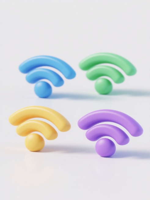 四个不同配色、不同样式的3D立体WiFi图标，保持圆润的几何形状和光滑的曲面设计，每个图标具有独特的颜色（如蓝色、绿色、黄色、紫色等），可能在波浪线条的粗细、弧度或中心圆点的大小上略有变化，统一呈现柔和的高光和轻微的阴影效果以增强立体感，所有图标整齐排列在纯白色背景上，整体风格简洁现代，视觉效果清晰一致。预览效果