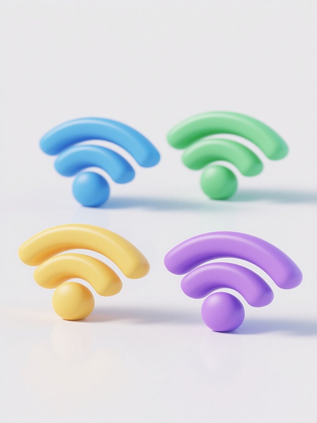 四个不同配色、不同样式的3D立体WiFi图标，保持圆润的几何形状和光滑的曲面设计，每个图标具有独特的颜色（如蓝色、绿色、黄色、紫色等），可能在波浪线条的粗细、弧度或中心圆点的大小上略有变化，统一呈现柔和的高光和轻微的阴影效果以增强立体感，所有图标整齐排列在纯白色背景上，整体风格简洁现代，视觉效果清晰一致。
