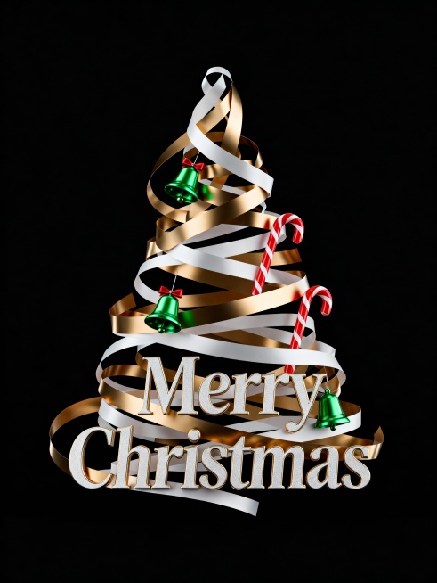 丝带，丝带组成的“Merry Christmas”字样，铃铛，拐杖糖等装饰预览效果