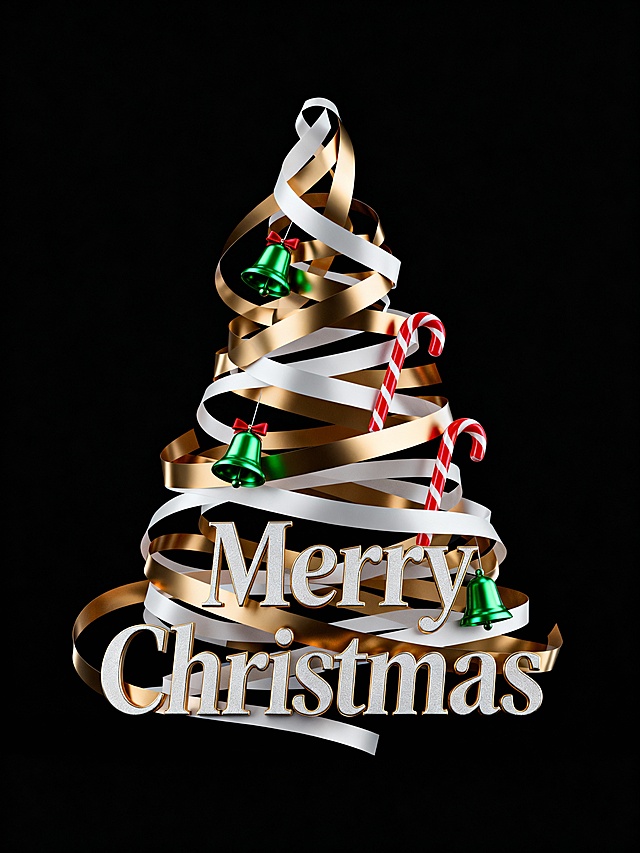 3D金属风圣诞树，鎏金与银白丝带缠绕，重拟物质感搭配绿铃铛与拐杖糖，喜庆感十足，节日氛围浓烈。