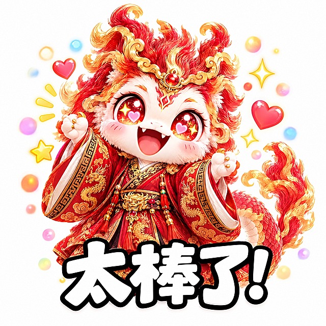 参考图1的表情包风格，Q版可爱的火龙神兽表情包，纯白色背景。红金色鬃毛的小龙，穿红色古风长袍，激动地挥舞小爪子，眼睛里有爱心和星星，表情超开心，周围有彩色光斑。底部有大大的白色粗体字带黑色描边，写着太棒了！3D卡通渲染风格，可爱萌趣，表情生动